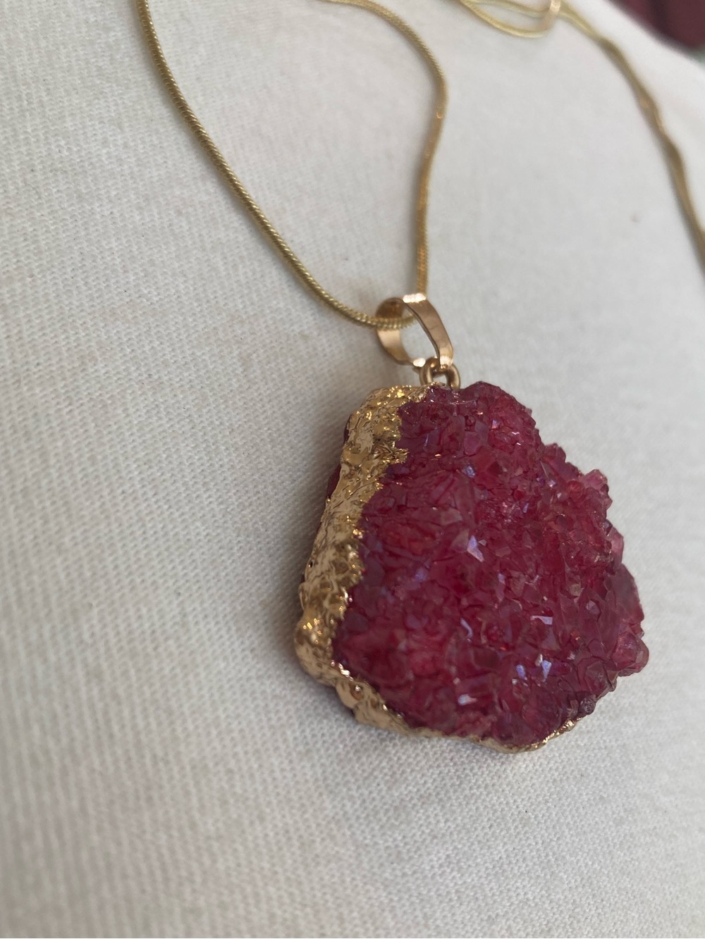 Fuchsia Pink Druzy Gold Tone Pendant Necklace
